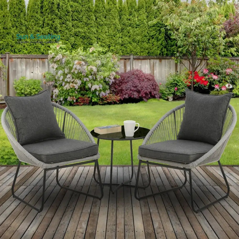 Neva Outdoor Patio Seating Set 2 Chairs and 1 Table Set (Grey) Braided &amp; Rope Coffee Table Sets