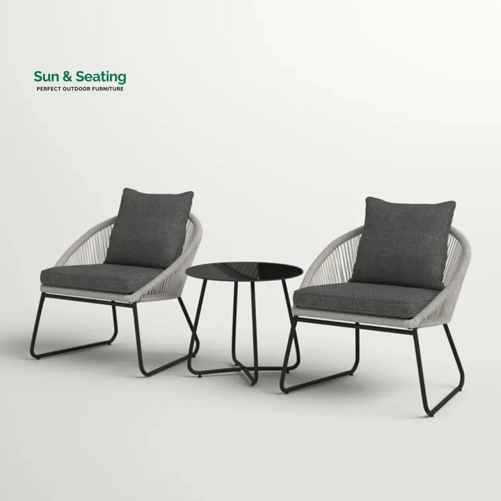 Neva Outdoor Patio Seating Set 2 Chairs and 1 Table Set (Grey) Braided &amp; Rope Coffee Table Sets