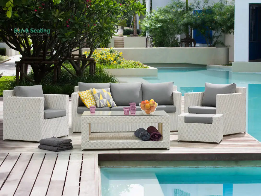 Nicholas Outdoor Sofa Set 3 Seater 2 Single seater With Ottoman and 1 Center Table Set (White) Sofa Sets
