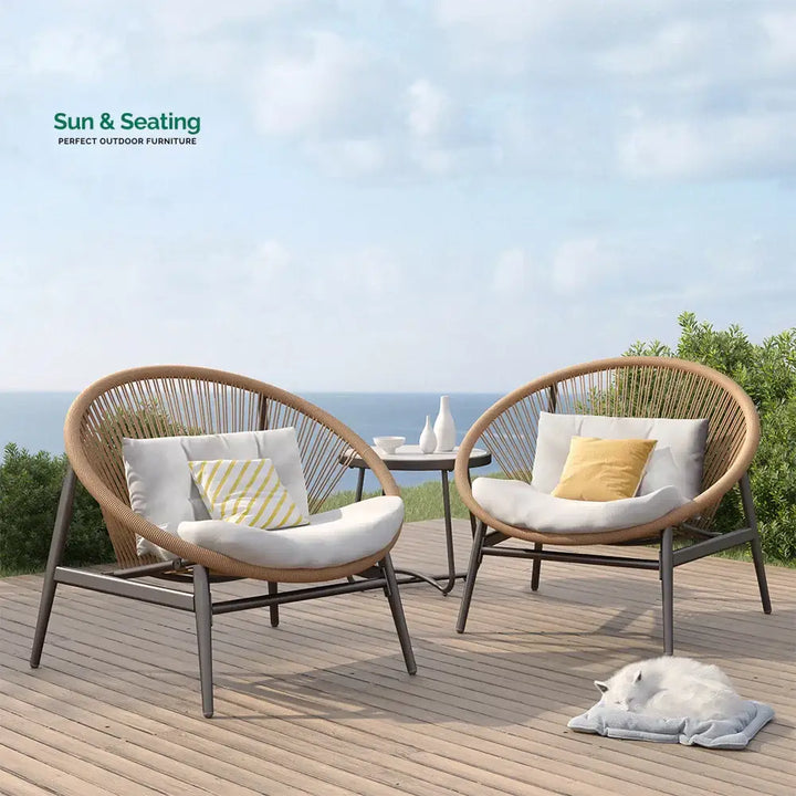 Nieve Outdoor Patio Seating Set 2 Chairs and 1 Table Set (Honey) Braided &amp; Rope Coffee Table Sets