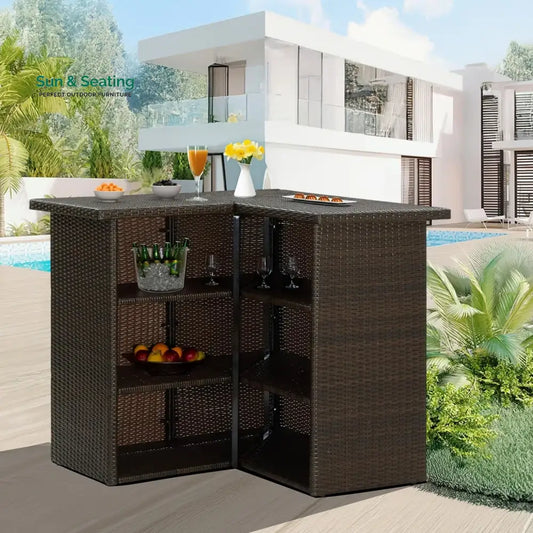 Nieves Outdoor Rattan Wicker Bar Table With Storage Selves Bar Table
