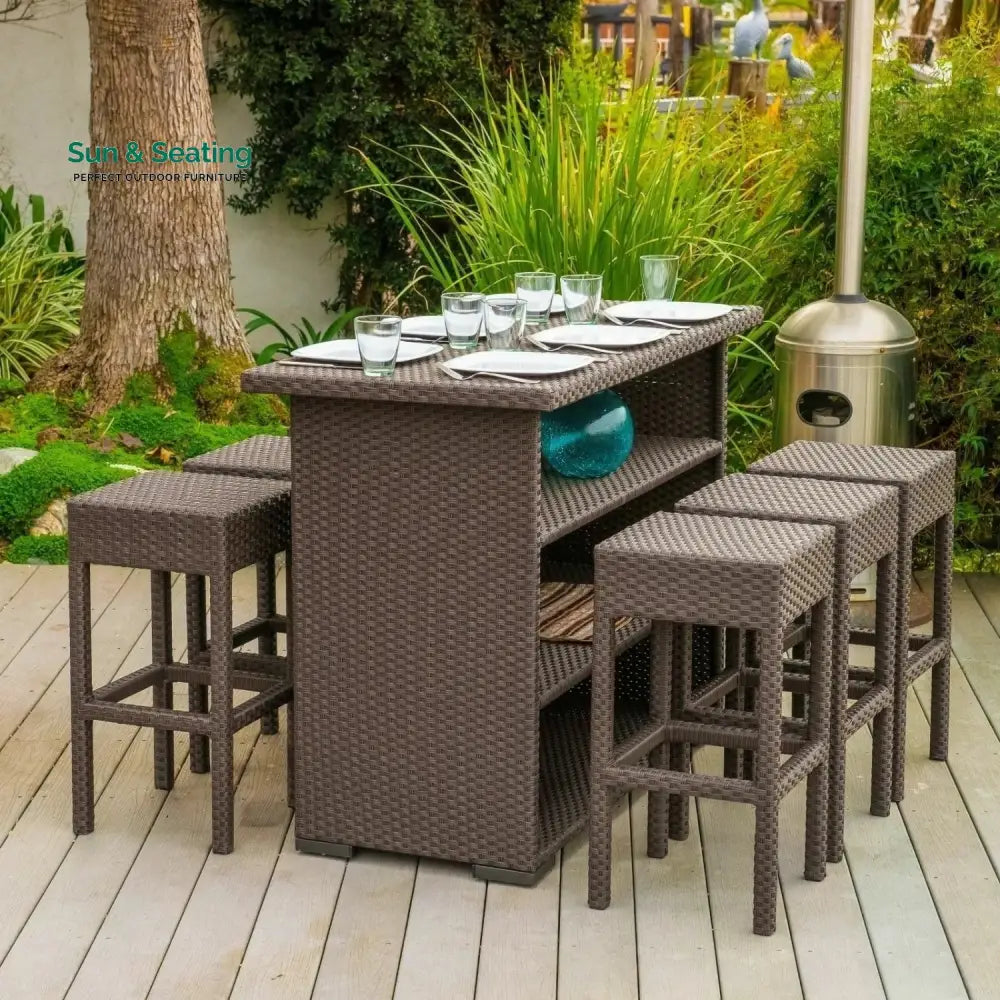 Niharika 7-Piece Outdoor Rattan Wicker Bar Set with Wicker Top Table Bar Set