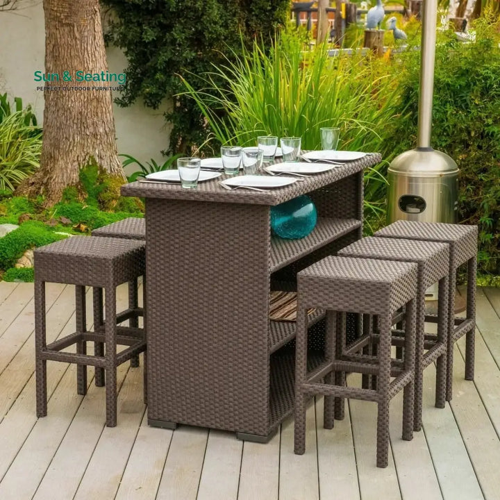Niharika 7-Piece Outdoor Rattan Wicker Bar Set with Wicker Top Table Bar Set