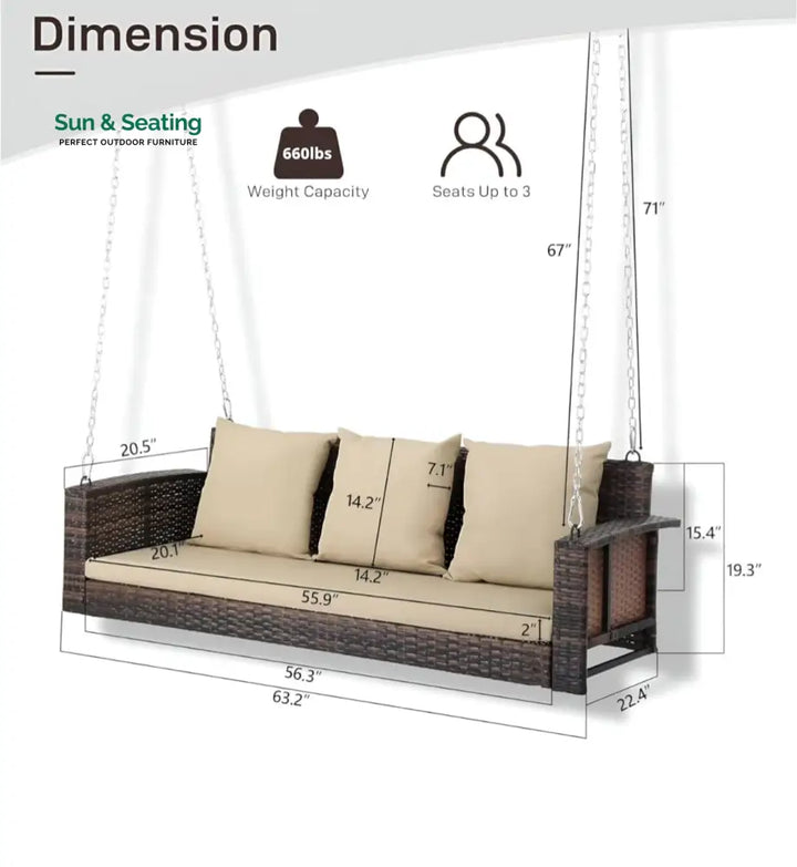 Nioga Three Seater Hanging Swing Without Stand For Balcony Garden Swing (Brown) Swings
