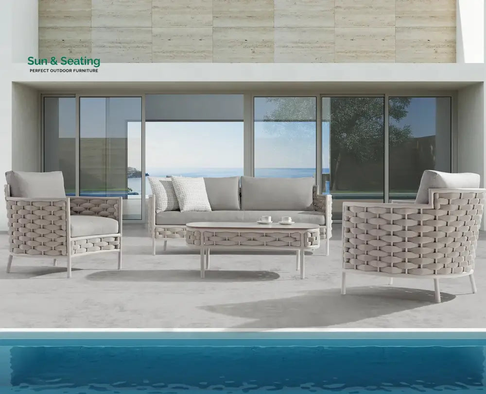 Nivio Outdoor Garden Balcony Sofa Set 2 Seater 2 Single seater and 1 Center Table Set Braid & Rope(White + Cream) Sofa