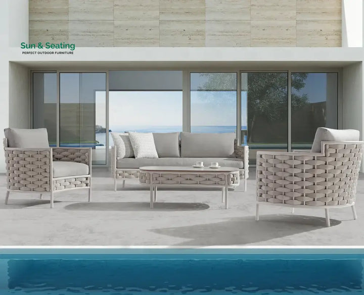 Nivio Outdoor Garden Balcony Sofa Set 2 Seater 2 Single seater and 1 Center Table Set Braid &amp; Rope(White + Cream) Sofa