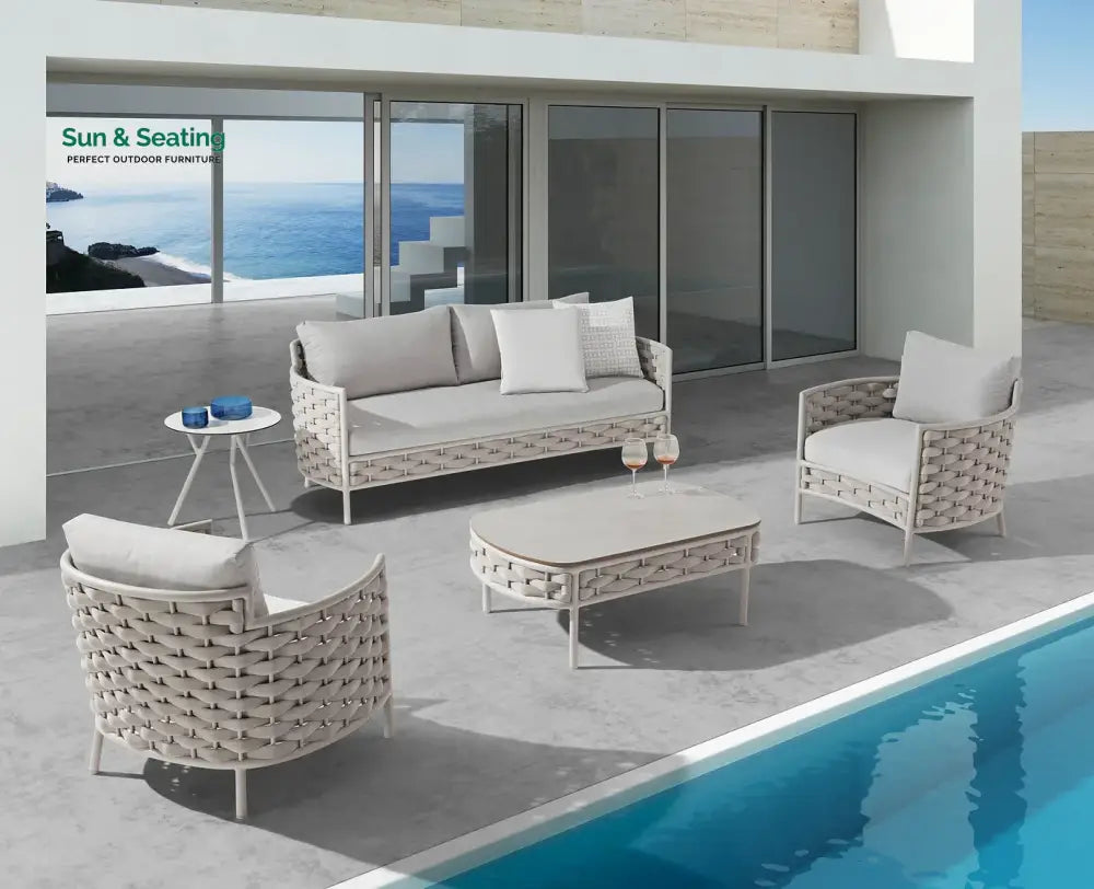 Nivio Outdoor Garden Balcony Sofa Set 2 Seater 2 Single seater and 1 Center Table Set Braid & Rope(White + Cream) Sofa