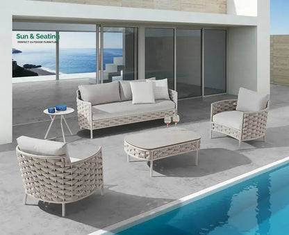 Nivio Outdoor Garden Balcony Sofa Set 2 Seater 2 Single seater and 1 Center Table Set Braid & Rope(White + Cream) Sofa