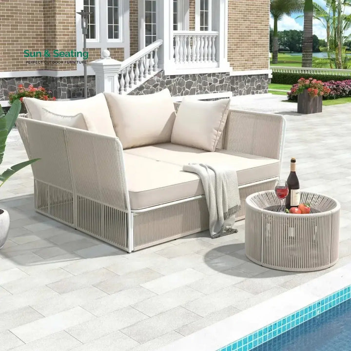 Njeri Outdoor Rope 2 Seater Patio Daybed With Side Table Daybed