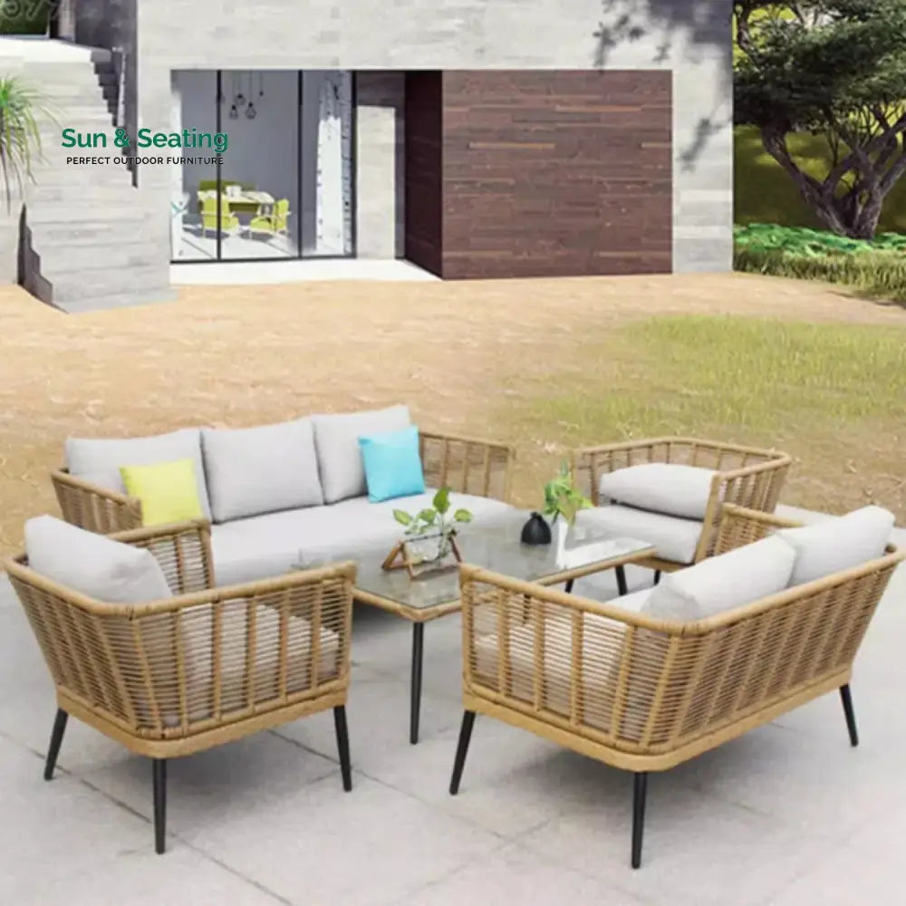 Noura Outdoor Beige Rope 7-Seater Sofa Set With Glass Top Table Sofa Set