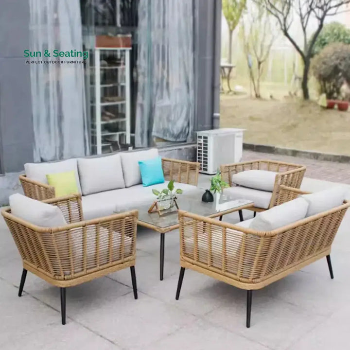 Noura Outdoor Beige Rope 7-Seater Sofa Set With Glass Top Table Sofa Set
