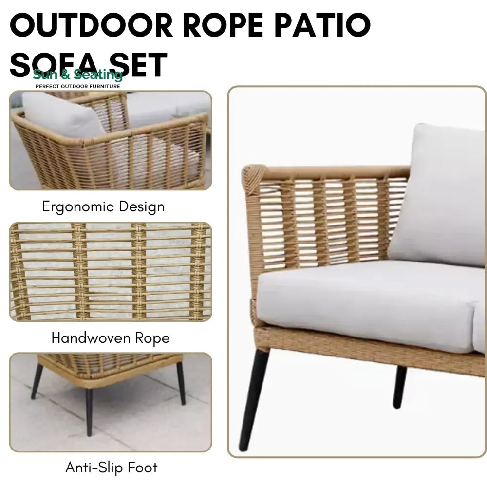 Noura Outdoor Beige Rope 7-Seater Sofa Set With Glass Top Table Sofa Set