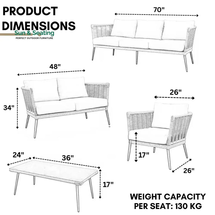 Noura Outdoor Beige Rope 7-Seater Sofa Set With Glass Top Table Sofa Set