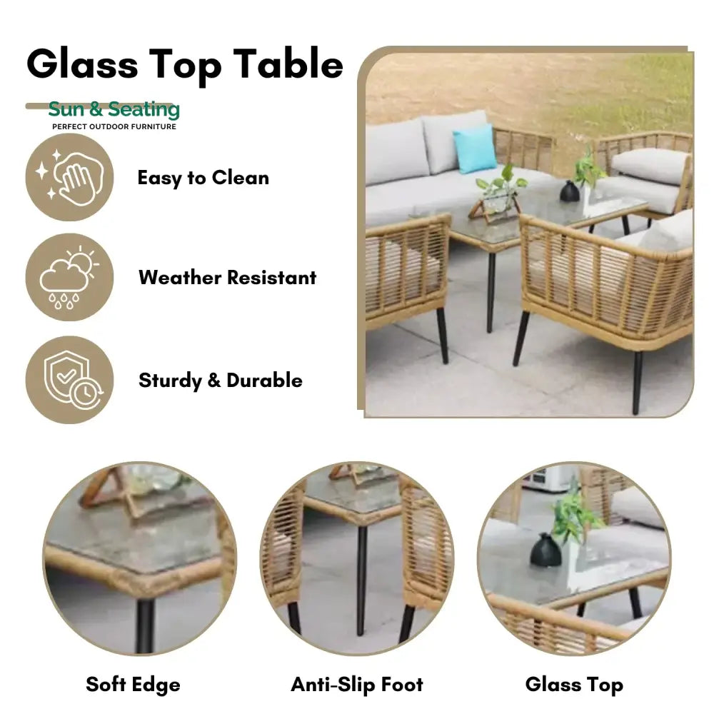 Noura Outdoor Beige Rope 7-Seater Sofa Set With Glass Top Table Sofa Set