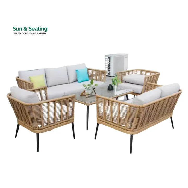 Noura Outdoor Beige Rope 7-Seater Sofa Set With Glass Top Table Sofa Set