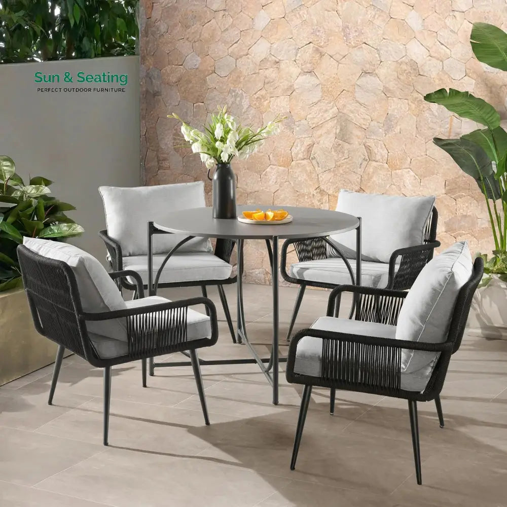 Novar Outdoor Patio Seating Set 4 Chairs and 1 Table Set Braided & Rope Black Coffee Table Sets