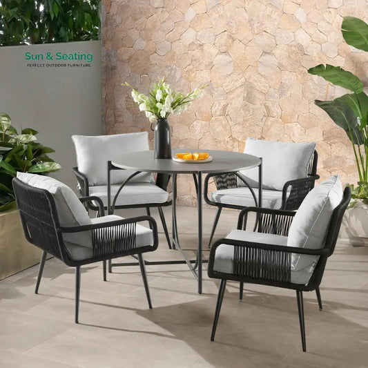 Novar Outdoor Patio Seating Set 4 Chairs and 1 Table Set Braided & Rope Black Coffee Table Sets