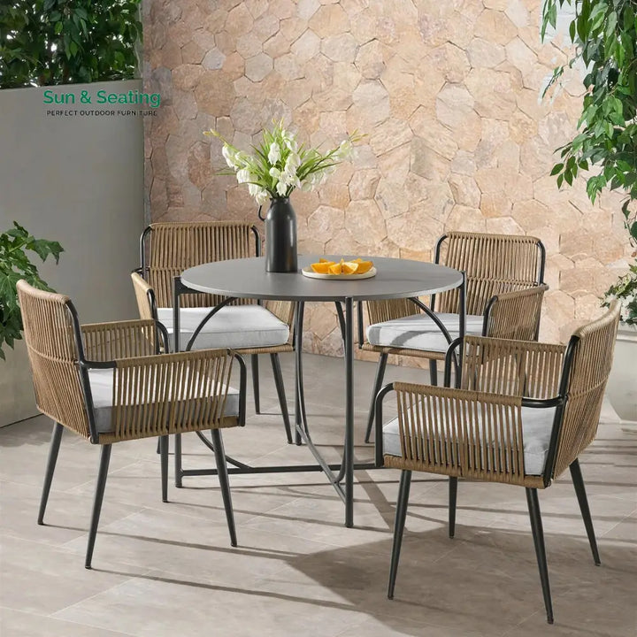 Novar Outdoor Patio Seating Set 4 Chairs and 1 Table Set Braided &amp; Rope Tan Coffee Table Sets