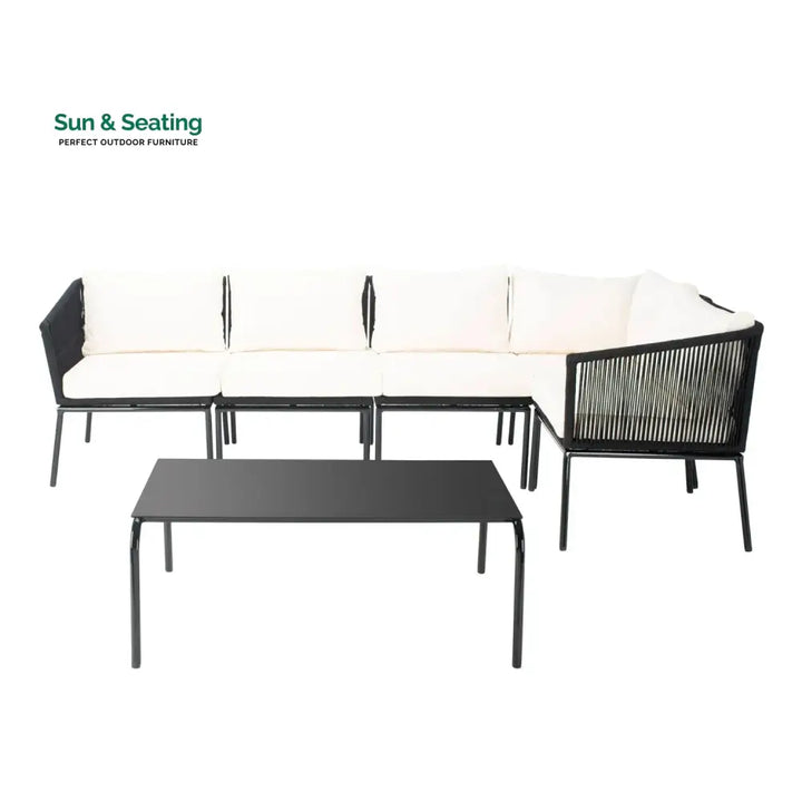 Obeida Outdoor Black Rope L-Shape All Weather Sectional Sofa Set Sofa Set