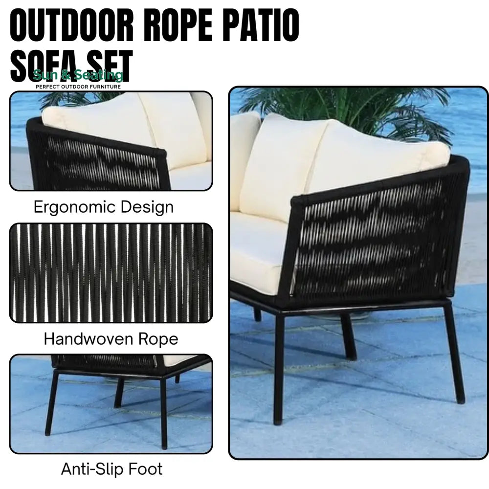 Obeida Outdoor Black Rope L-Shape All Weather Sectional Sofa Set Sofa Set