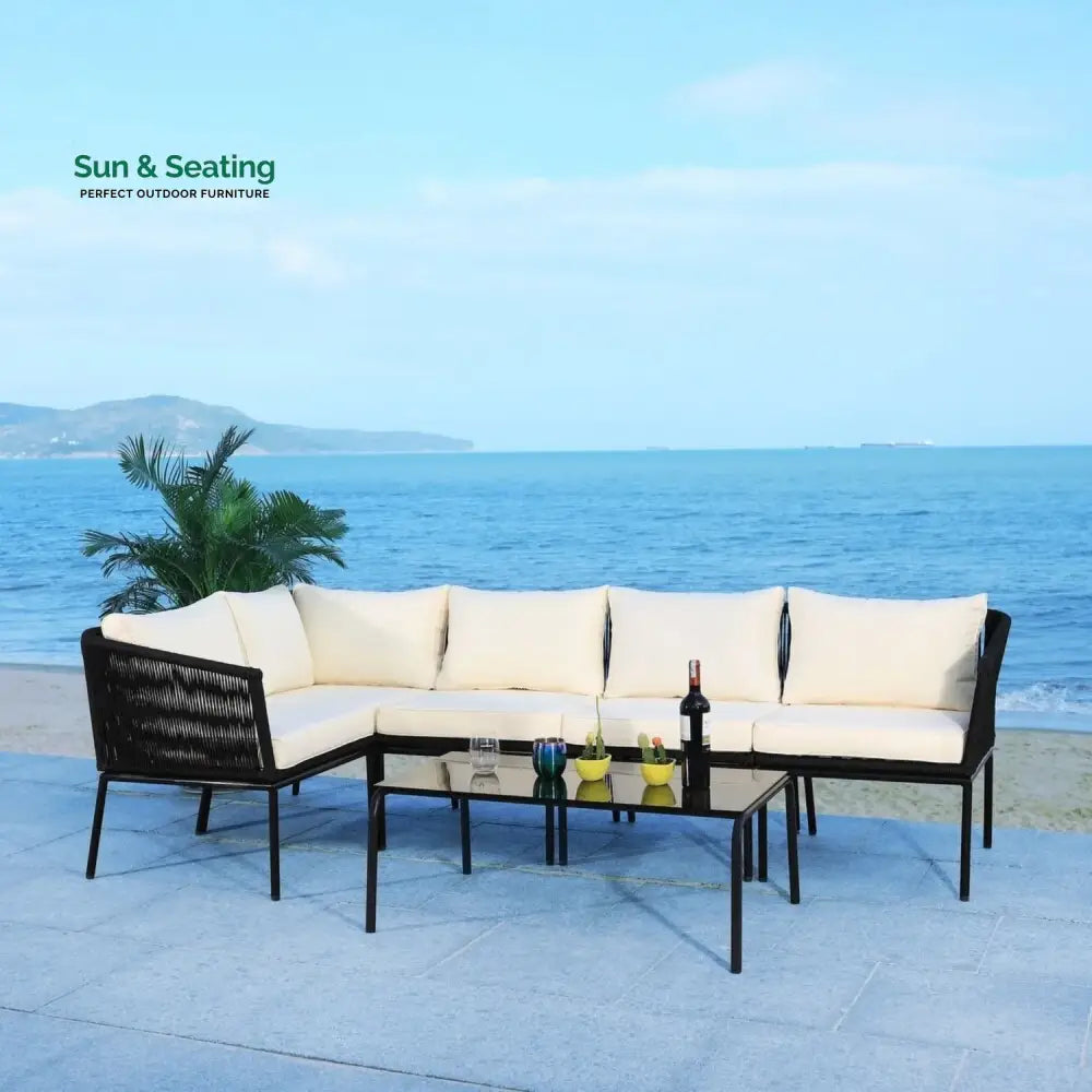 Obeida Outdoor Black Rope L-Shape All Weather Sectional Sofa Set Sofa Set