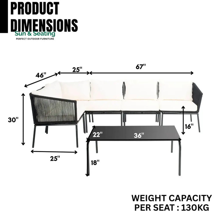 Obeida Outdoor Black Rope L-Shape All Weather Sectional Sofa Set Sofa Set