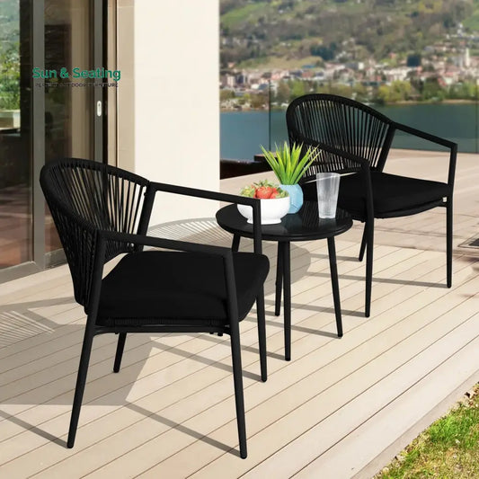 Ocana Outdoor Patio Seating Set 2 Chairs and 1 Table Set Braided And Rope Black Coffee Table Sets