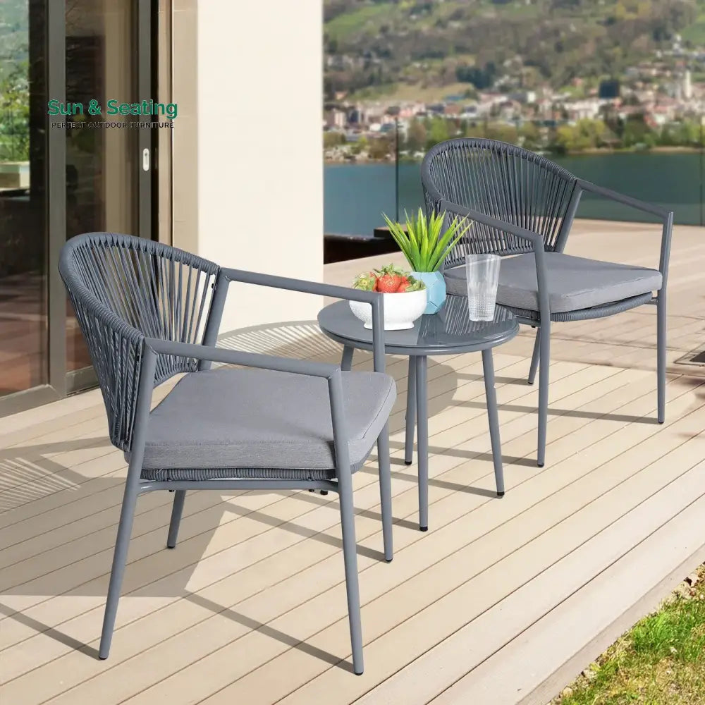 Ocana Outdoor Patio Seating Set 2 Chairs and 1 Table Set Braided And Rope Grey Coffee Table Sets