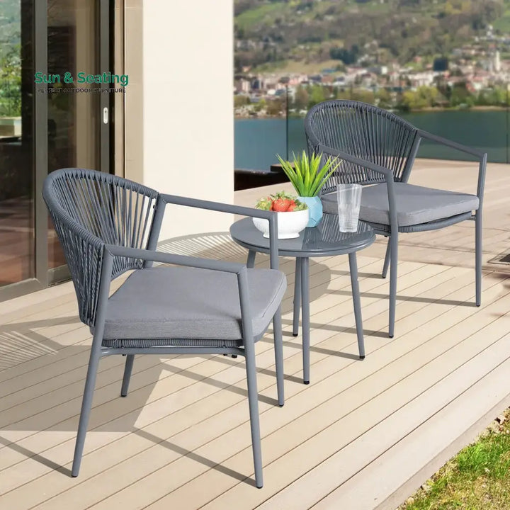 Ocana Outdoor Patio Seating Set 2 Chairs and 1 Table Set Braided And Rope Grey Coffee Table Sets