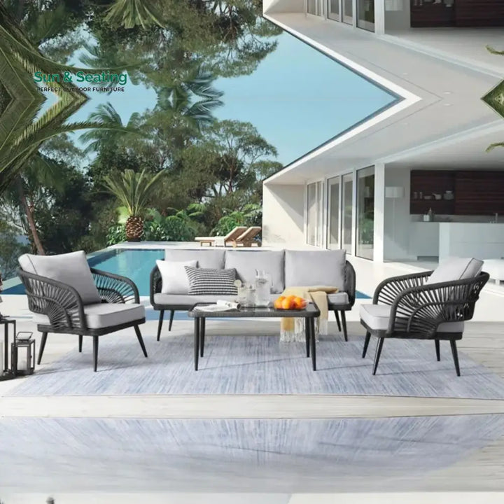 Oceana Outdoor Rope Conversation Patio Sofa Set (Black /Light Grey) Sofa Set