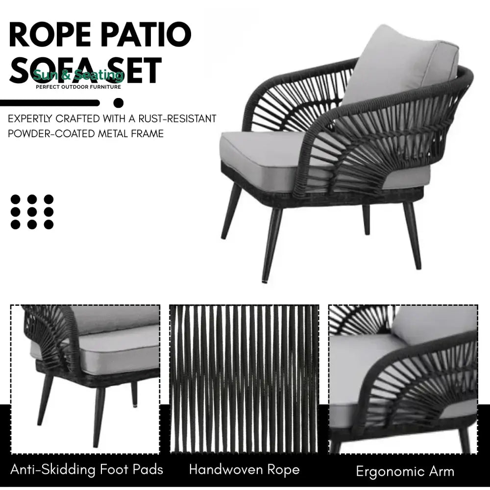 Oceana Outdoor Rope Conversation Patio Sofa Set (Black /Light Grey) Sofa Set