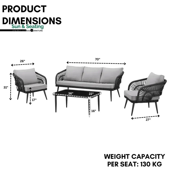 Oceana Outdoor Rope Conversation Patio Sofa Set (Black /Light Grey) Sofa Set