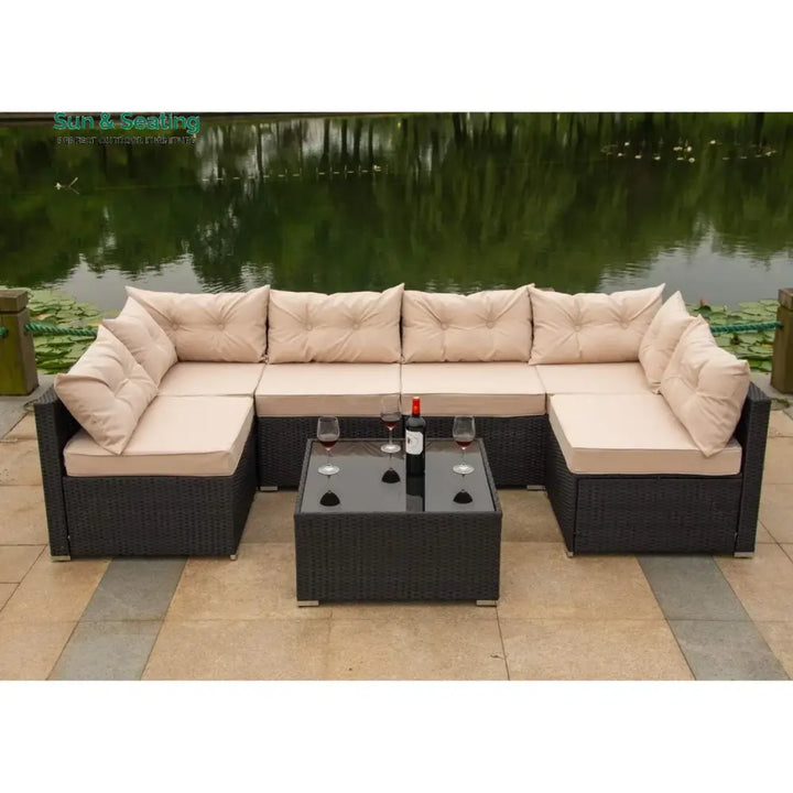 Odessa 6-Seater Outdoor Garden Conversation Sofa Set (Dark Brown &amp; Cream) Sofa Set