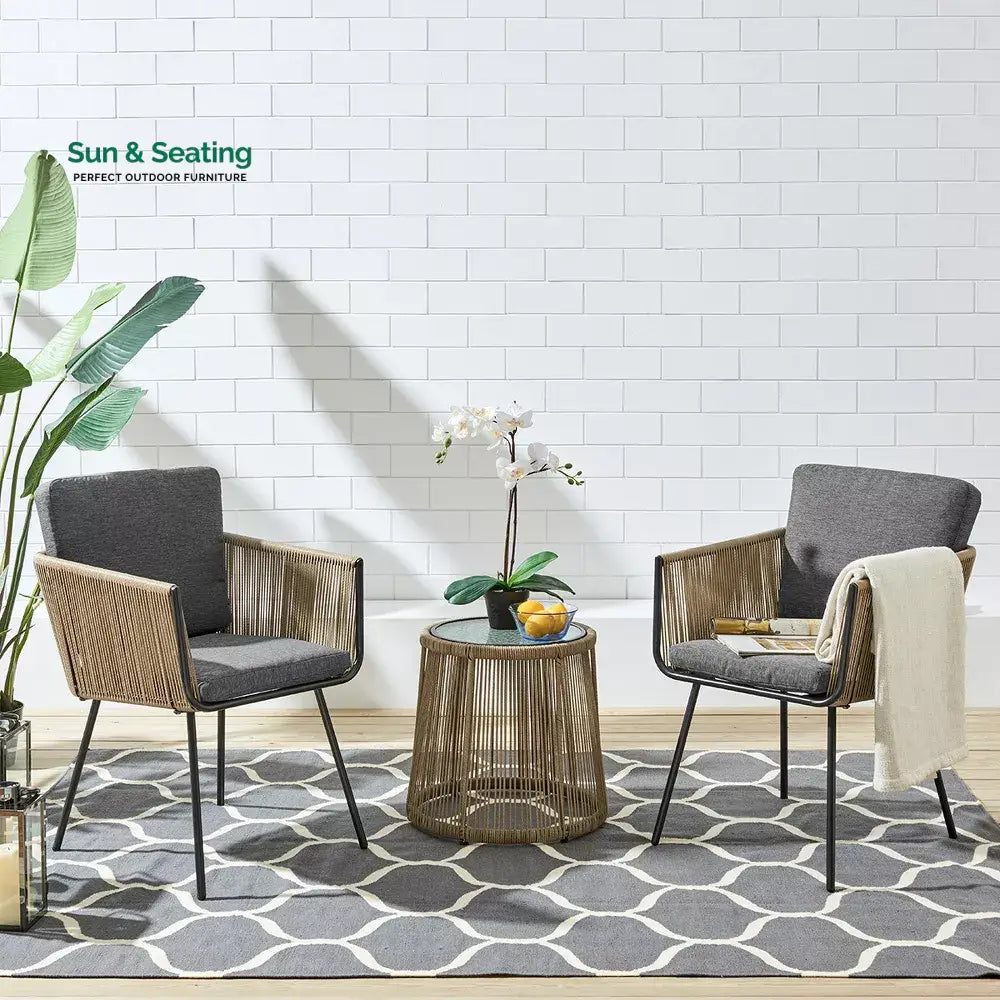 Odila Outdoor Patio Seating Set 2 Chairs and 1 Table Set (GREY + BROWN) Braided &amp; Rope Coffee Table Sets