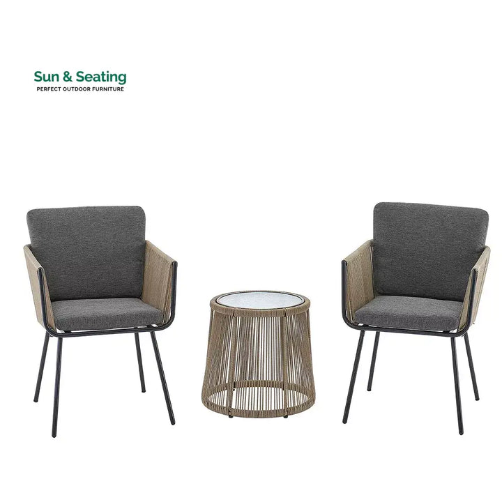 Odila Outdoor Patio Seating Set 2 Chairs and 1 Table Set (GREY + BROWN) Braided &amp; Rope Coffee Table Sets