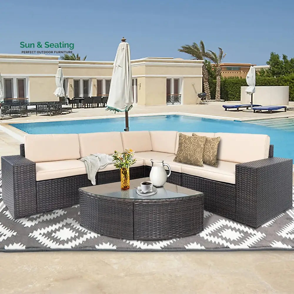 Okapi Outdoor Garden Balcony Sofa Set 5 Seater and 1 Center Table Set (Brown) Sofa Sets