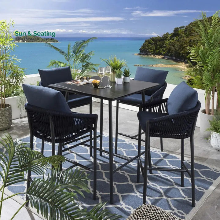 Olalla Outdoor Patio Bar Set 4 Chairs and 1 Table Set (Blue) Braided &amp; Rope Bar Sets