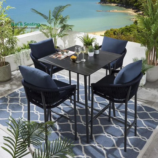 Olalla Outdoor Patio Bar Set 4 Chairs and 1 Table Set (Blue) Braided & Rope Bar Sets