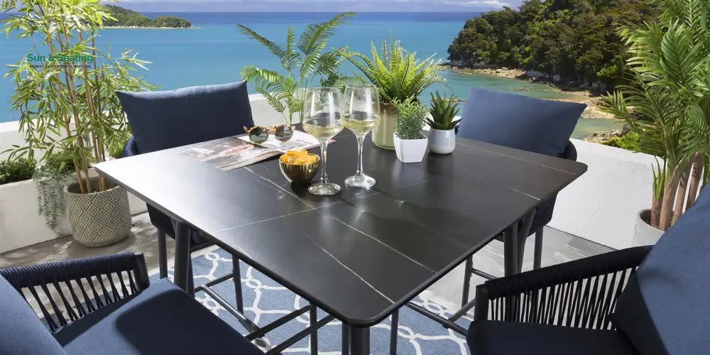 Olalla Outdoor Patio Bar Set 4 Chairs and 1 Table Set (Blue) Braided &amp; Rope Bar Sets