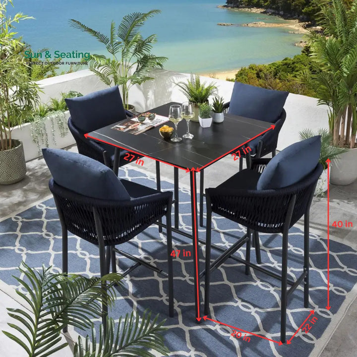 Olalla Outdoor Patio Bar Set 4 Chairs and 1 Table Set (Blue) Braided &amp; Rope Bar Sets