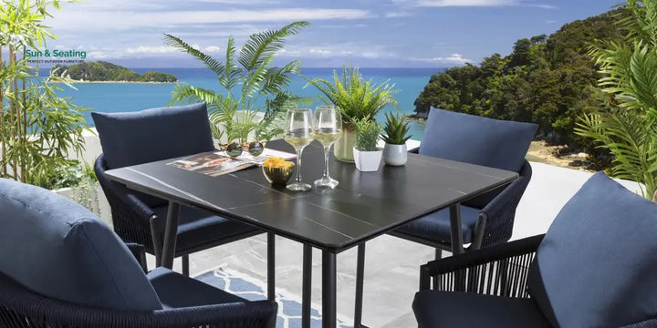Olalla Outdoor Patio Bar Set 4 Chairs and 1 Table Set (Blue) Braided &amp; Rope Bar Sets