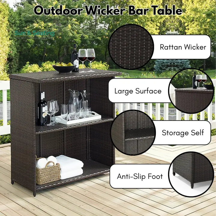 Olalla Outdoor Rattan Wicker Bar Table With Storage Selves Bar Table
