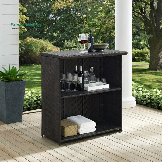 Olalla Outdoor Rattan Wicker Bar Table With Storage Selves Bar Table