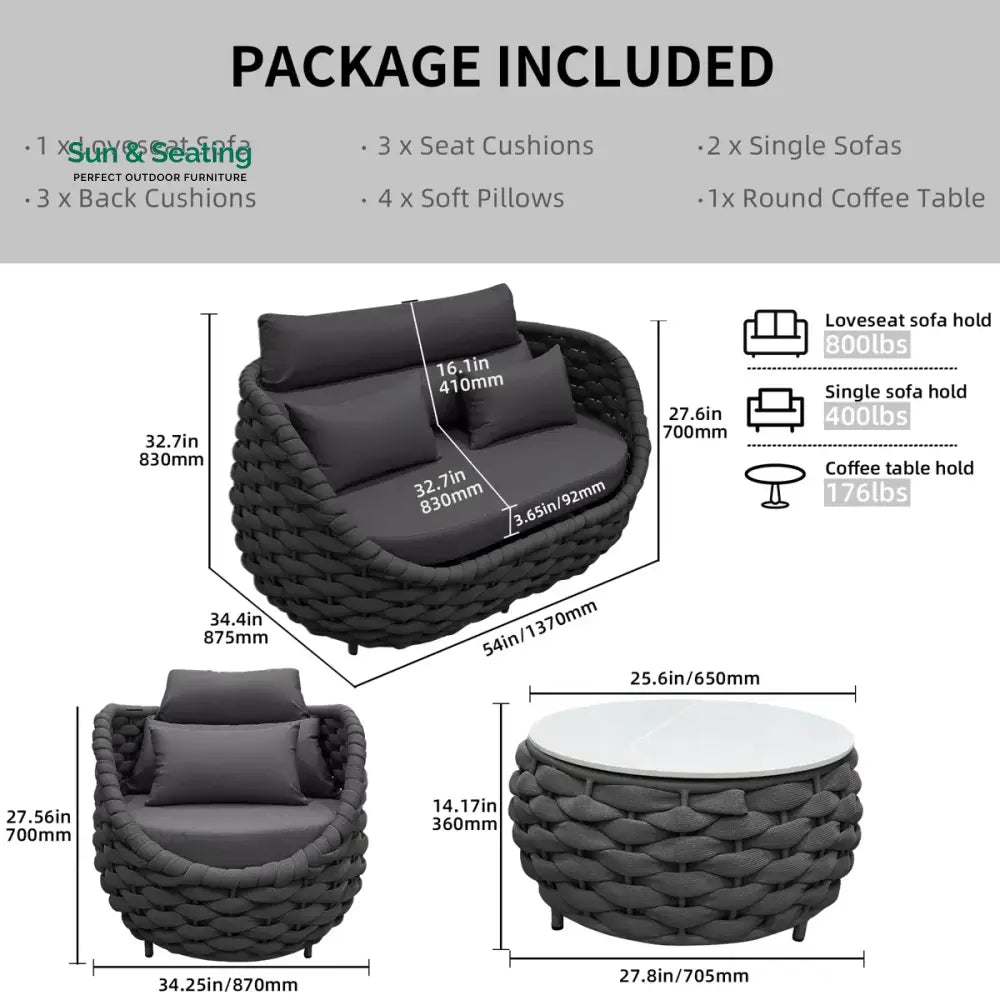 Oligon Outdoor Sofa Set 2 Seater 2 Single seater and 1 Center Table (Dark Gery) Braided &amp; Rope Sofa Sets