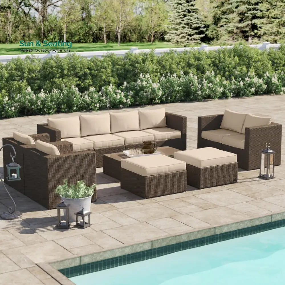 Olivier Outdoor Sofa Set 4 Seater,2 Seater 2 Single Seater and 2 Center Table with 2 Ottoman Set (Brown +Cream) Sofa