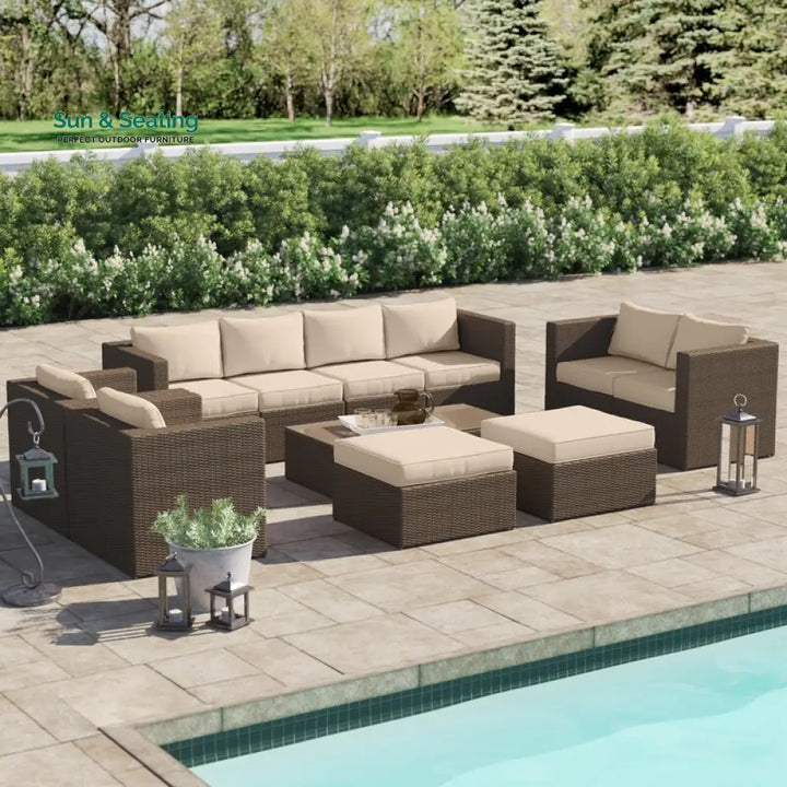 Olivier Outdoor Sofa Set 4 Seater,2 Seater 2 Single Seater and 2 Center Table with 2 Ottoman Set (Brown +Cream) Sofa