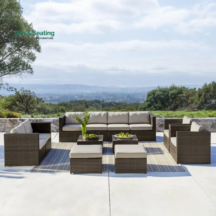 Olivier Outdoor Sofa Set 4 Seater,2 Seater 2 Single Seater and 2 Center Table with 2 Ottoman Set (Brown +Cream) Sofa