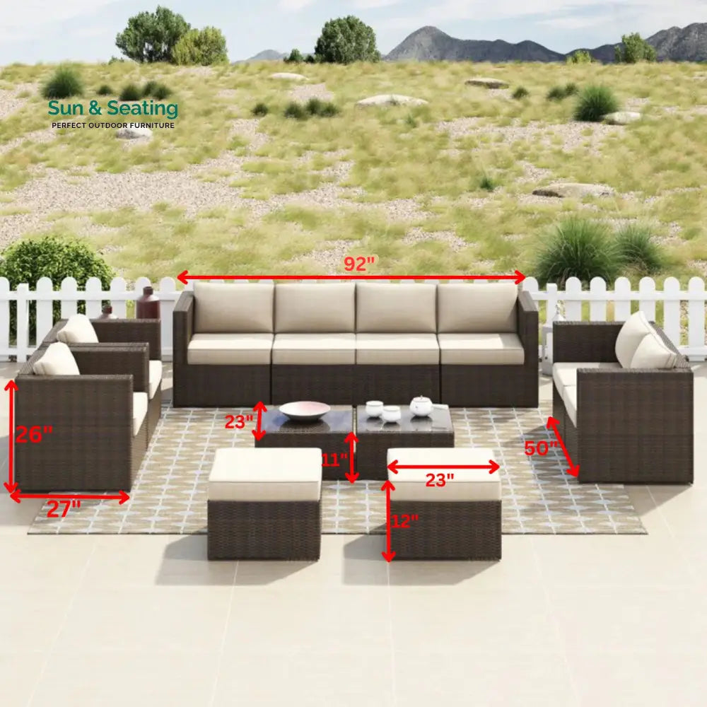 Olivier Outdoor Sofa Set 4 Seater,2 Seater 2 Single Seater and 2 Center Table with 2 Ottoman Set (Brown +Cream) Sofa