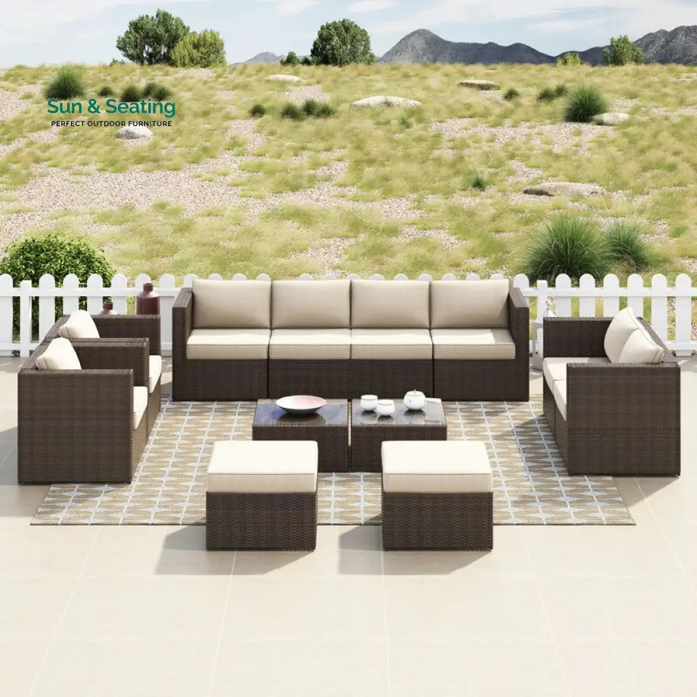 Olivier Outdoor Sofa Set 4 Seater,2 Seater 2 Single Seater and 2 Center Table with 2 Ottoman Set (Brown +Cream) Sofa