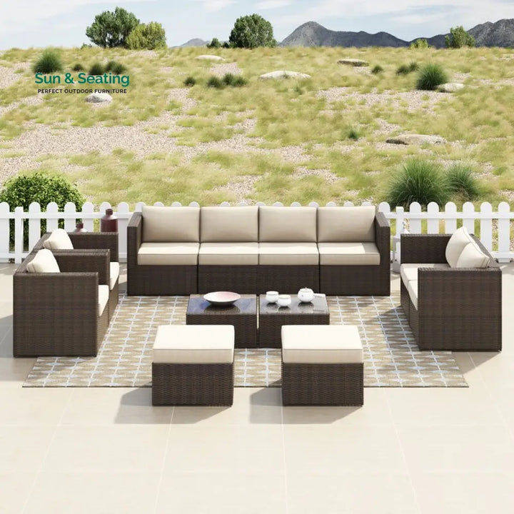 Olivier Outdoor Sofa Set 4 Seater,2 Seater 2 Single Seater and 2 Center Table with 2 Ottoman Set (Brown +Cream) Sofa